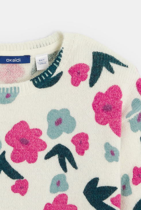 Pull en tricot imprimé fleur rose Fille 2