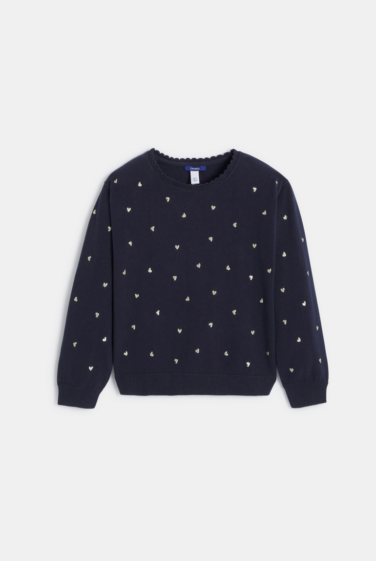 Pull petits cœurs bleu marine Fille 1