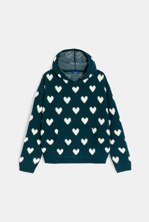 Girl's navy blue heart motif hooded jumper 1