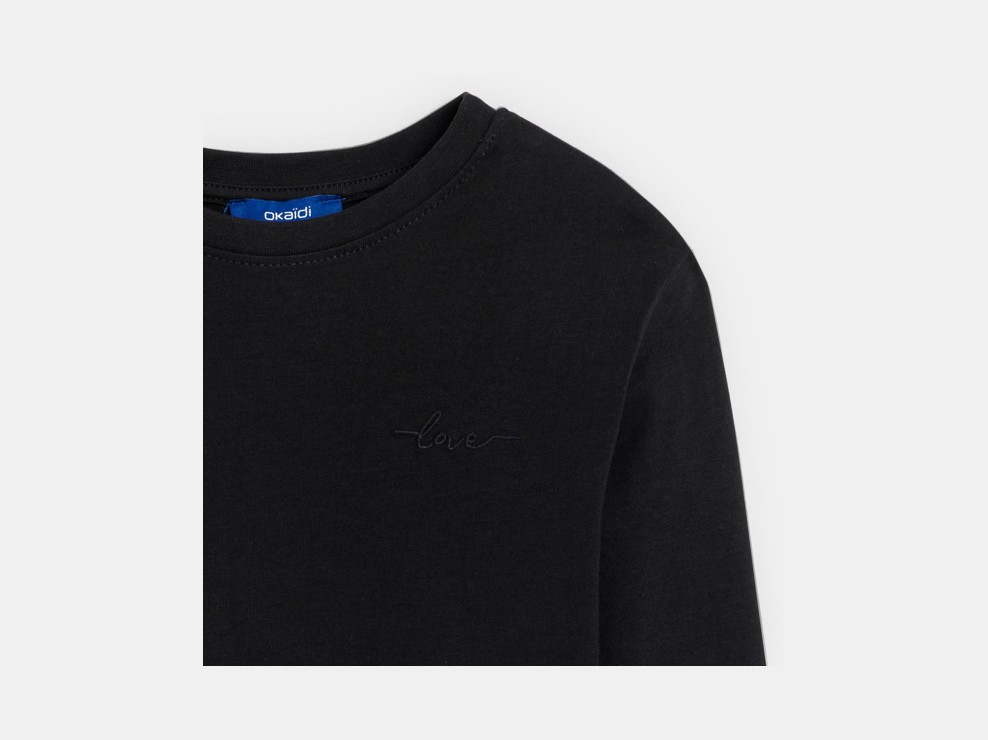 T-shirt uni broderie love noir Fille 2