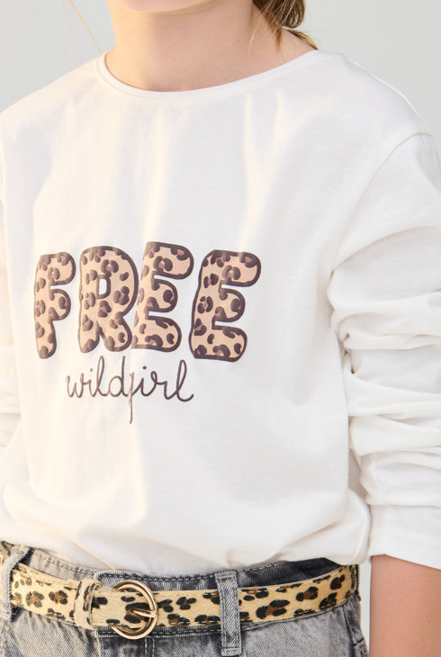 Ecrufarbenes T-Shirt mit Schriftzug und Leopardenmuster Mädchen 2