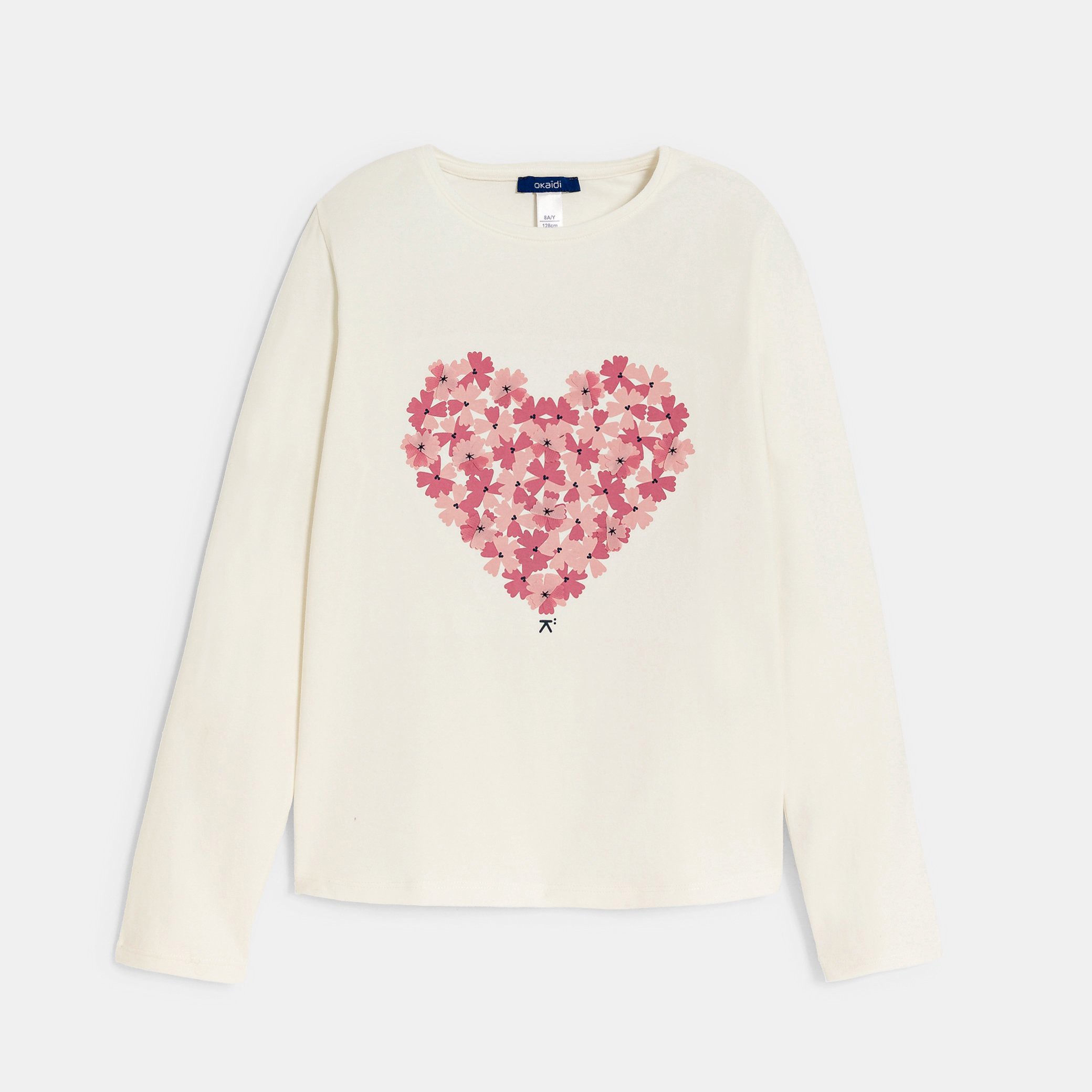 Girl's ecru heart motif T-shirt Okaïdi & Obaïbi