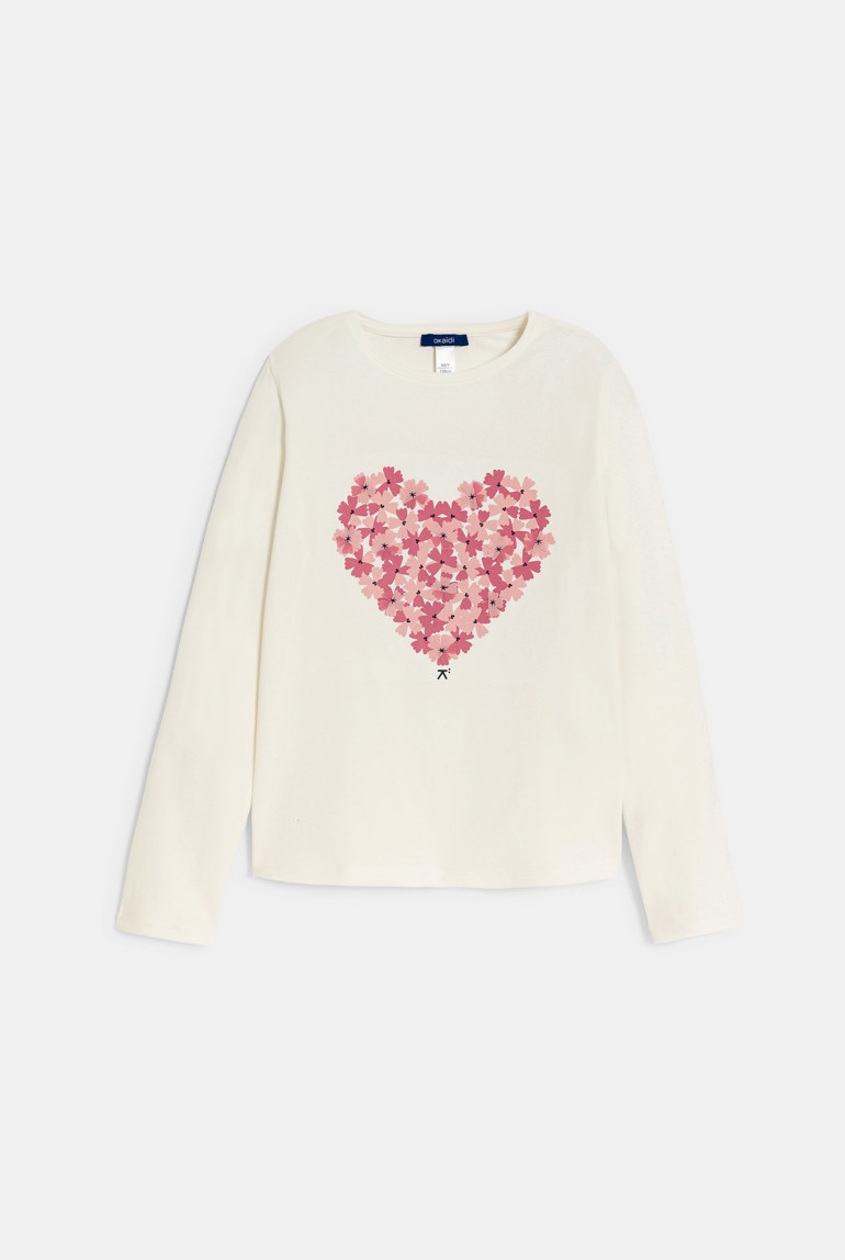 Girl's ecru heart motif T-shirt Okaïdi & Obaïbi