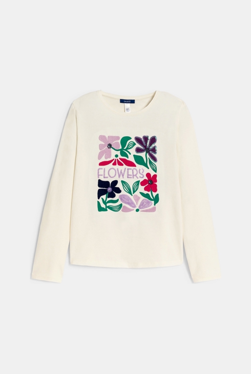 Ecrufarbenes T-Shirt mit Blumenmotiven Mädchen 1