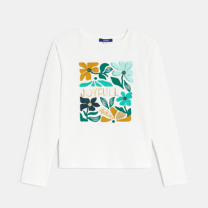 Ecru T-shirt met groen bloemmotief voor meisjes 1