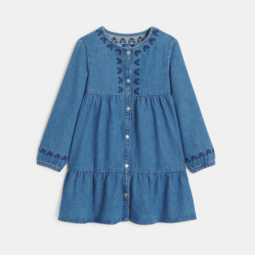 Robe En Jean Brodé Bleu Fille - Double Stone - 5A - OKAIDI