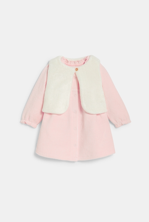 Dekliška obleka iz rebrastega žameta in rožnat telovnik za dojenčke 1