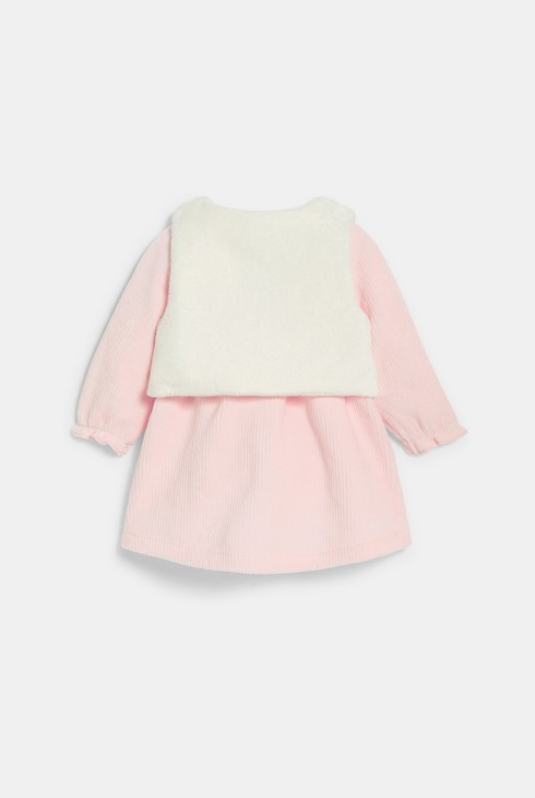 Dekliška obleka iz rebrastega žameta in rožnat telovnik za dojenčke 2