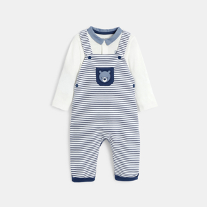 Baby boy's striped cotton overalls and blue bodysuit 1