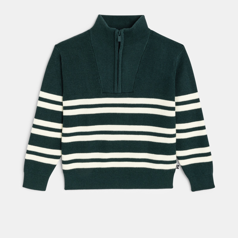 Gestreifter Pullover in Grün mit Troyer-Kragen für Jungen