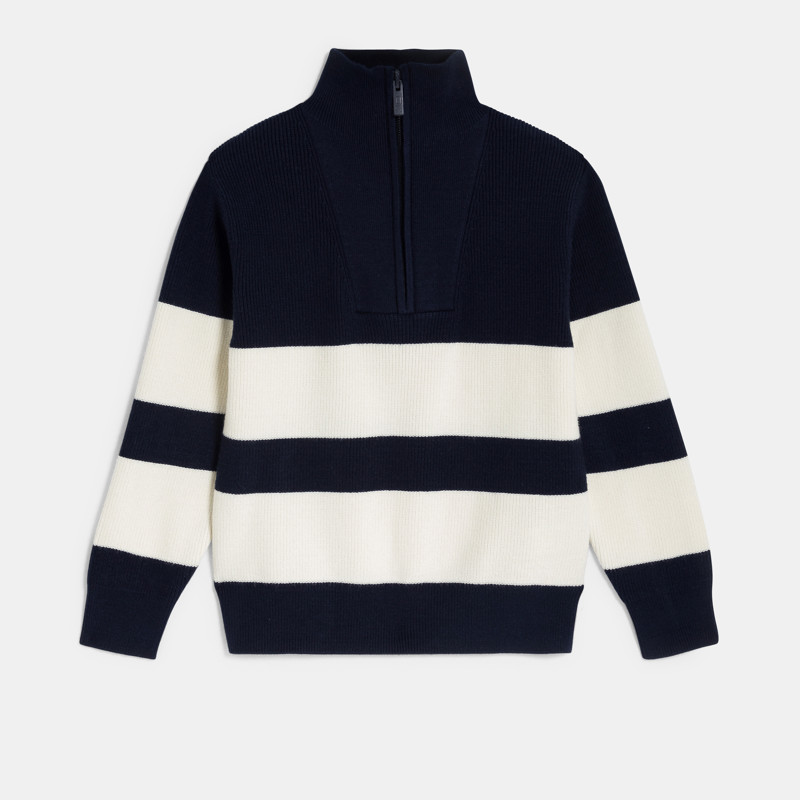 Gestreifter Pullover in Marineblau mit Reißverschlusskragen für Jungen