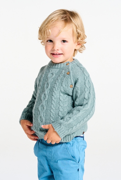 Pull maille tricot torsadé bleu bébé garçon 1