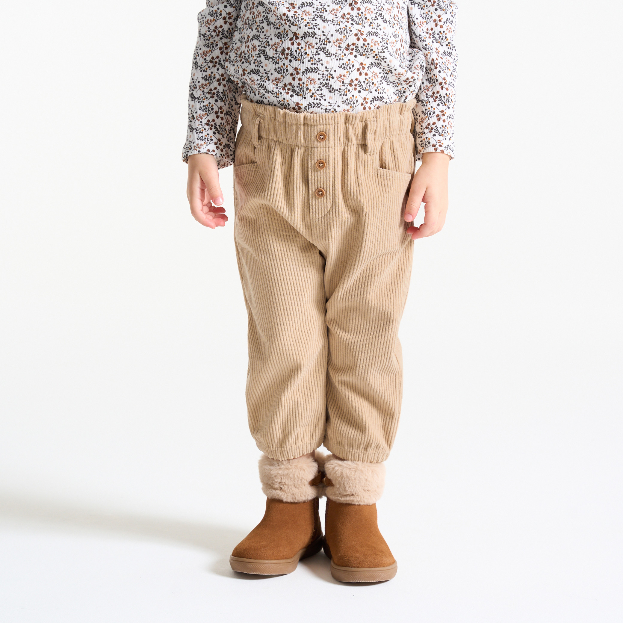 Baby girl's beige corduroy trousers with elasticated waist