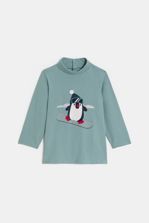 Langärmeliges blaues T-Shirt mit Stehkragen und Pinguinmotiv Kleinkind Junge 1