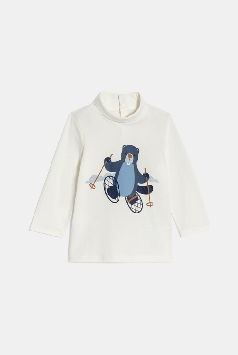 Weißes langärmliges T-Shirt mit Stehkragen und Biber Kleinkind Junge 1