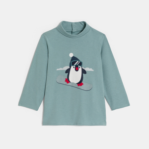 Tricou bleu cu mâneci lungi și guler înalt, model cu pinguin, pentru bebeluș băiat 1