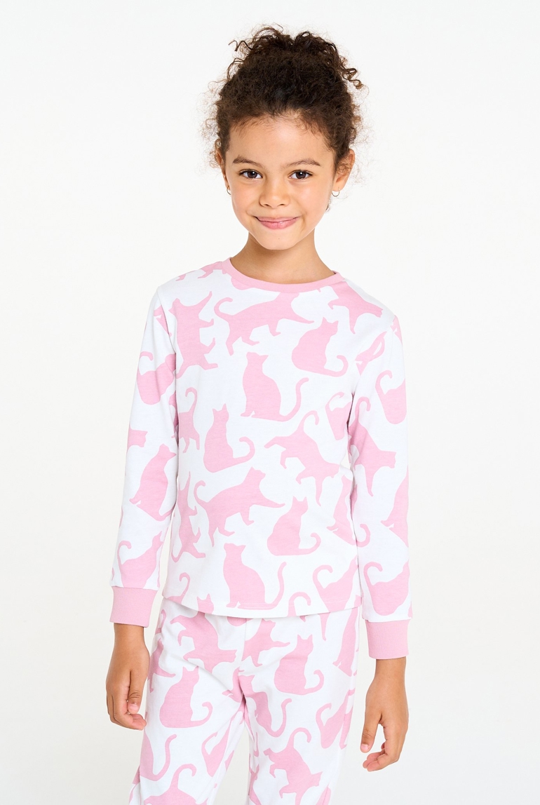 Pyjama 2 pièces en jersey motif chat rose Fille 1