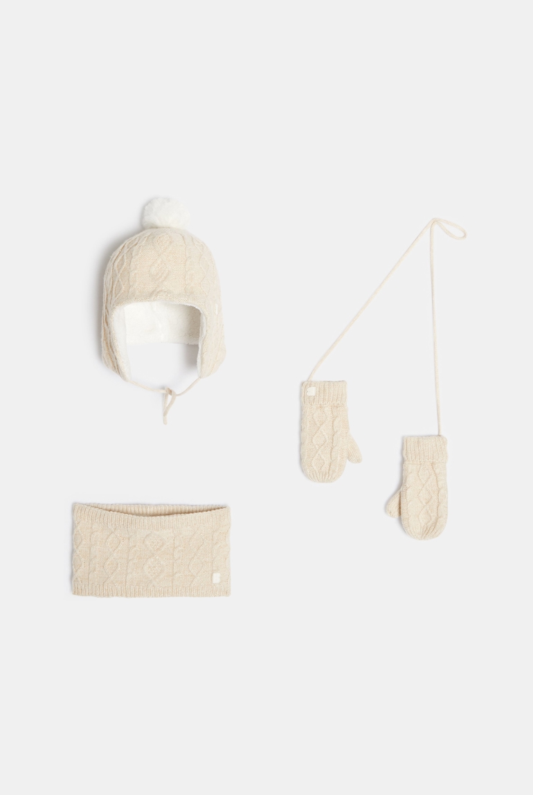 Set berretto, muffole e scaldacollo in maglia beige per bambina Beige