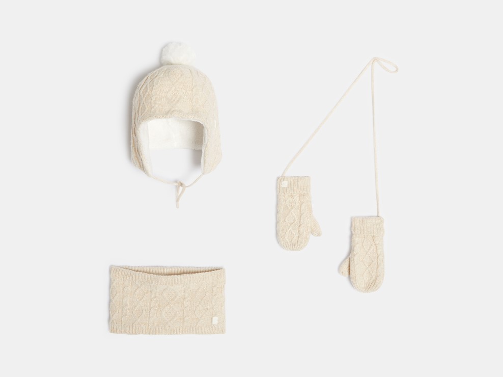 Ensemble bonnet, moufles et tour de cou maille tricot beige bébé fille 1