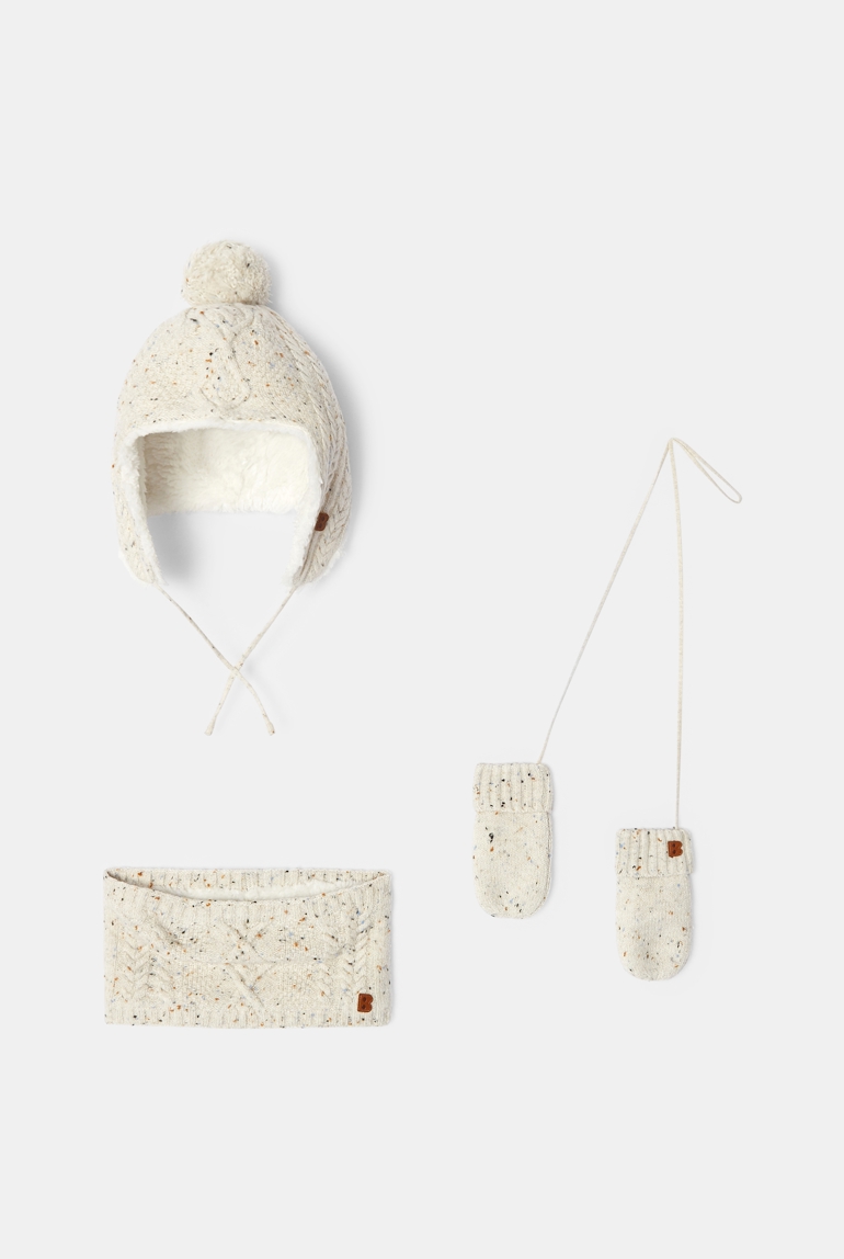 Bonnet péruvien, snood et moufles maille tricot doublée blanc bébé garçon 1