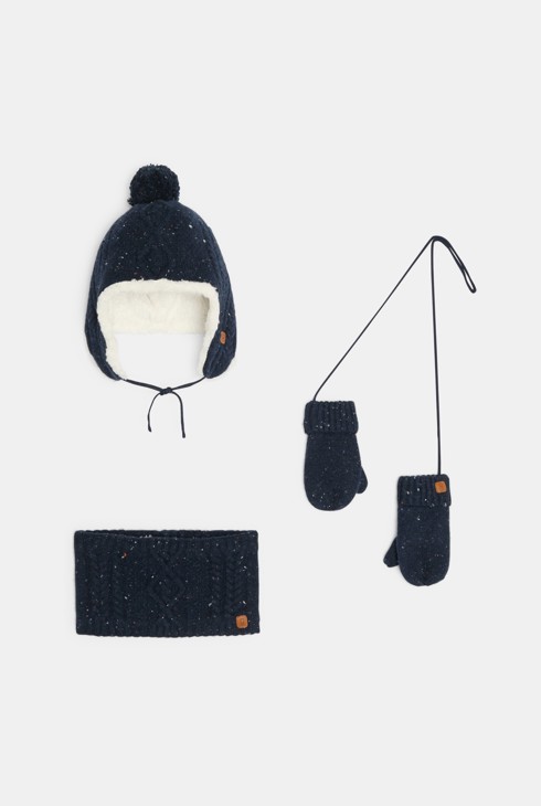 Inkamütze, Snood und Strickfäustlinge gefüttert marineblau Kleinkind Junge 1