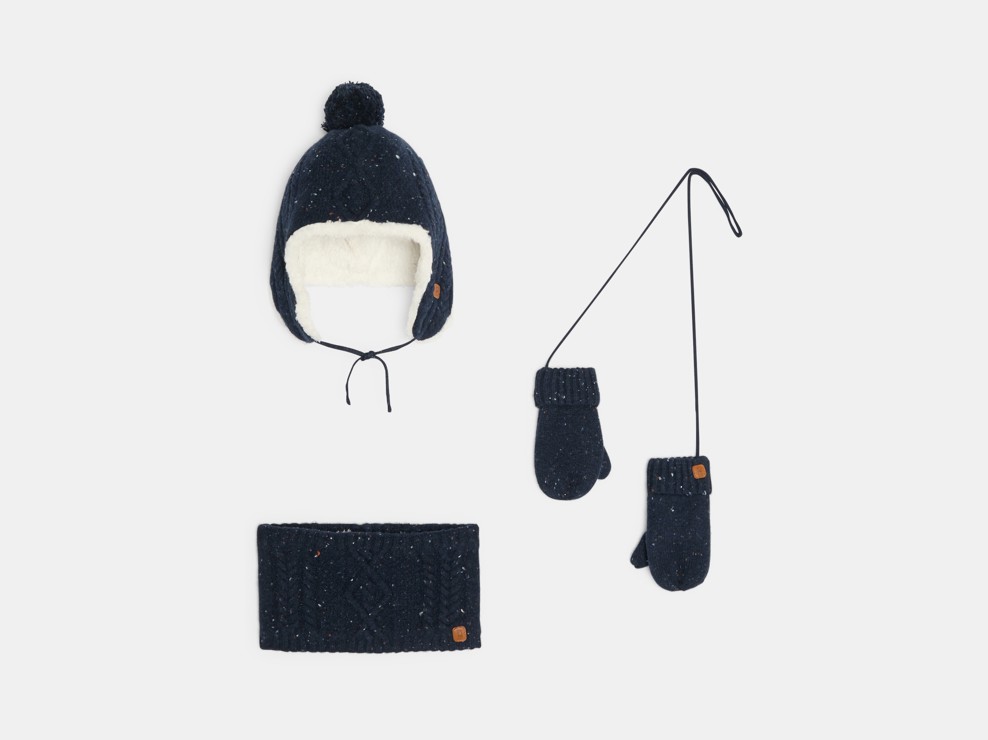 Inkamütze, Snood und Strickfäustlinge gefüttert marineblau Kleinkind Junge 1