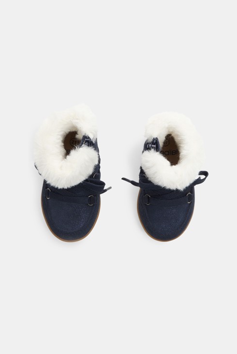 Marineblaue Lederstiefel mit Pelzbesatz für kleine Mädchen 2