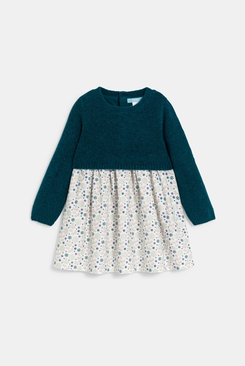 Robe bi-matière maille et jersey vert bébé fille