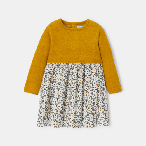 Robe Bi-matière Maille Et Jersey Jaune Bébé Fille - Jaune Curcuma - 18M - OBAIBI