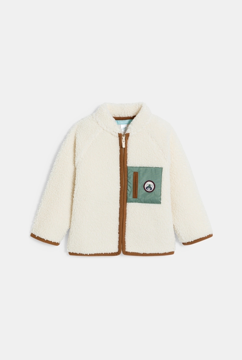 Baby boy's white sherpa fleece zip up cardigan. 1