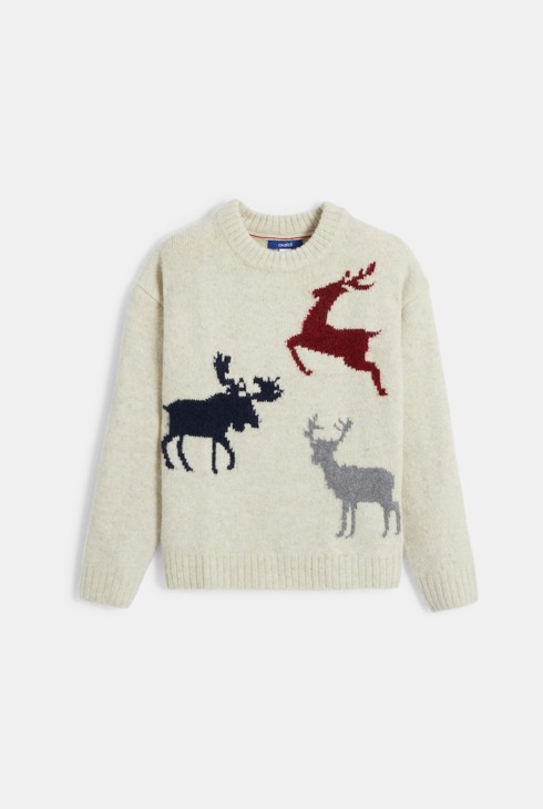 Fantovski pulover bež barve z žakardnimi motivi 1