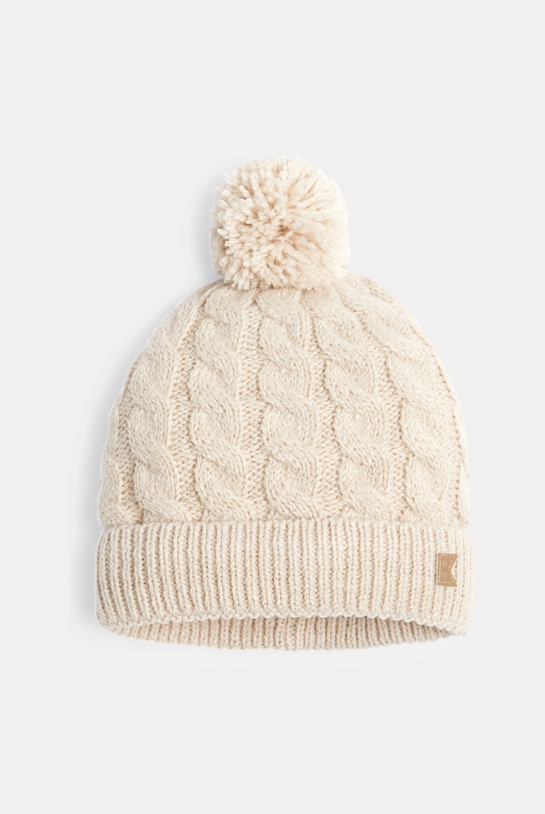 Bonnet torsadé à pompon beige Fille 1