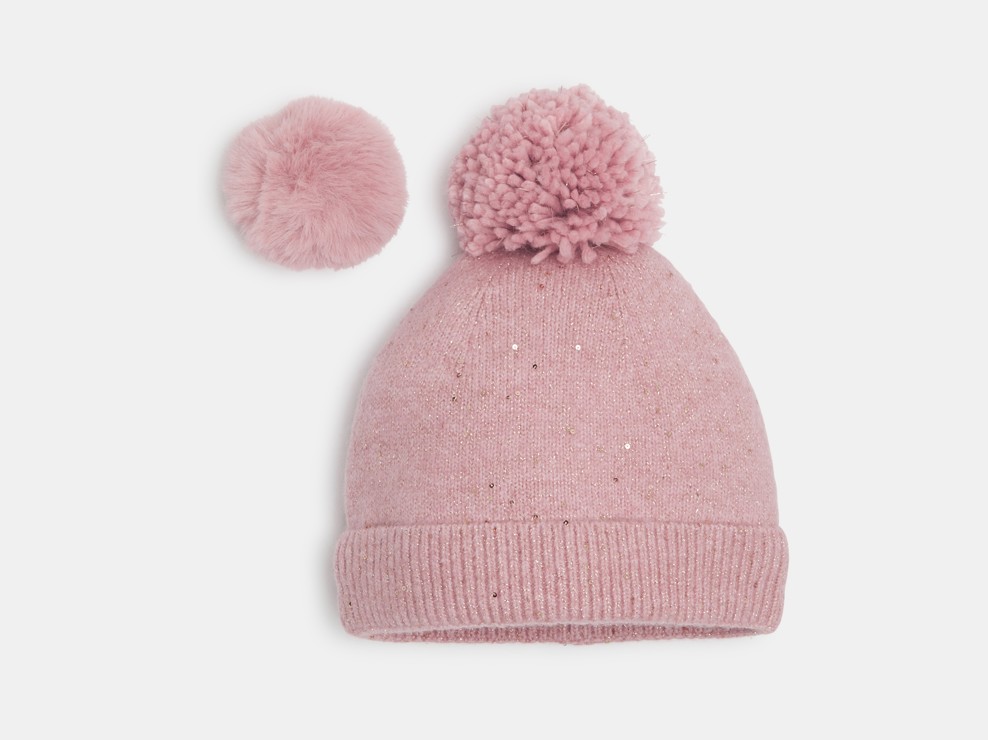 Rosa Mütze mit Pailletten und Bommeln für Mädchen 1