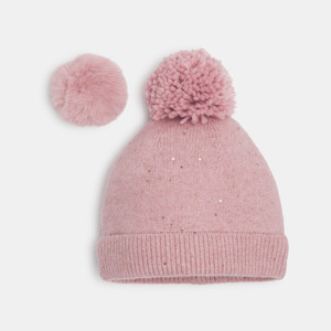 Bonnet à paillettes et pompons rose Fille