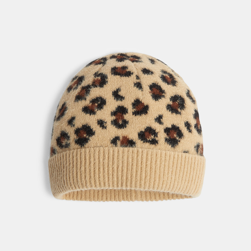 Leoparden-Mütze aus Jacquard in Beige für Mädchen