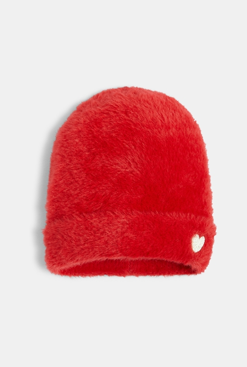 Rdeča pletena kosmatena kapa za deklice 1
