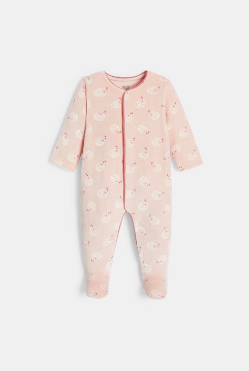 Rosa Strampler aus Samt mit Igelmotiv Kleinkind Mädchen 1