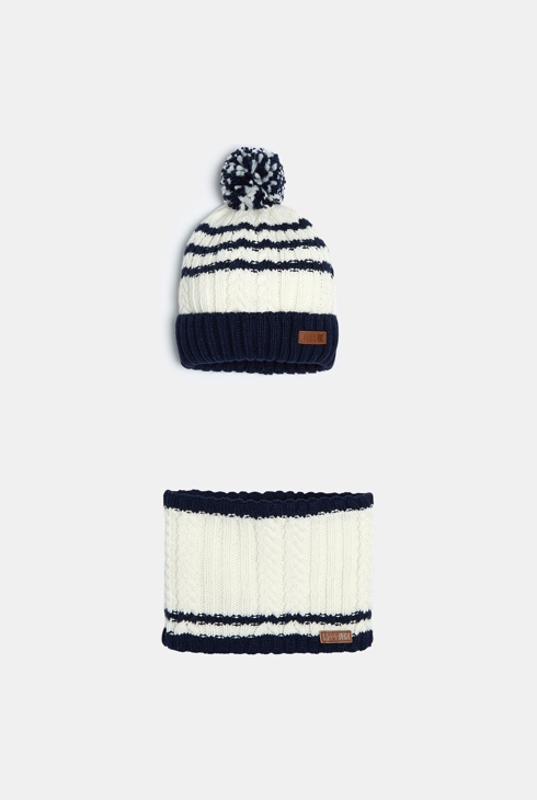 Weiße Mütze + Snood mit Streifen für Jungen 1