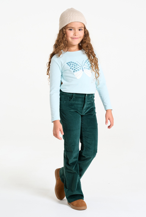Pantalon flare en velours lisse vert foncé Fille 1