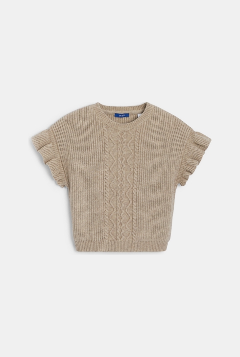 Pull manches courtes volantées beige Fille