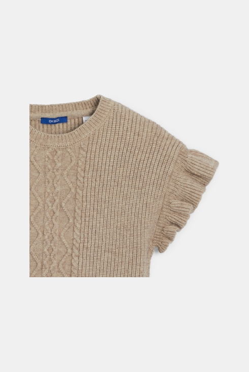 Pull manches courtes volantées beige Fille