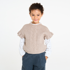 Pull manches courtes volantées beige Fille 1