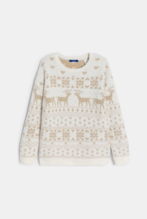 Irisierender Jacquard-Pullover in Ecru für Mädchen 1