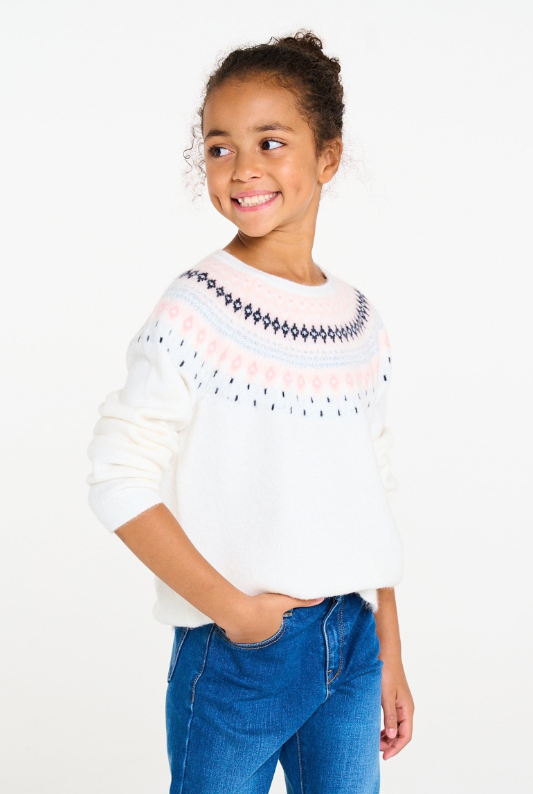 Pull jacquard scandinave écru Fille 1