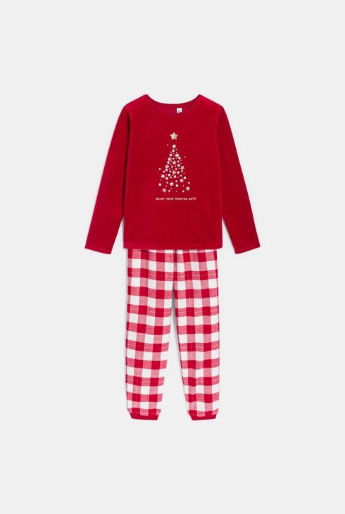 Pyjama 2 pièces motif sapin rouge Fille