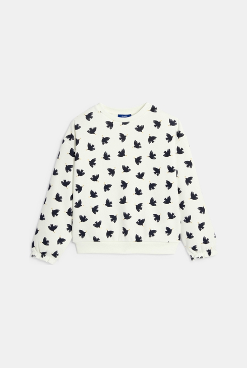 Girl's white bird motif fleece sweatshirt 1