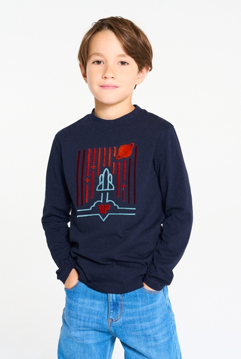 Marineblaues T-Shirt mit Raketenmotiv für Jungen 1