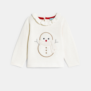 Pull maille tricot bonhomme de neige blanc bébé fille 1