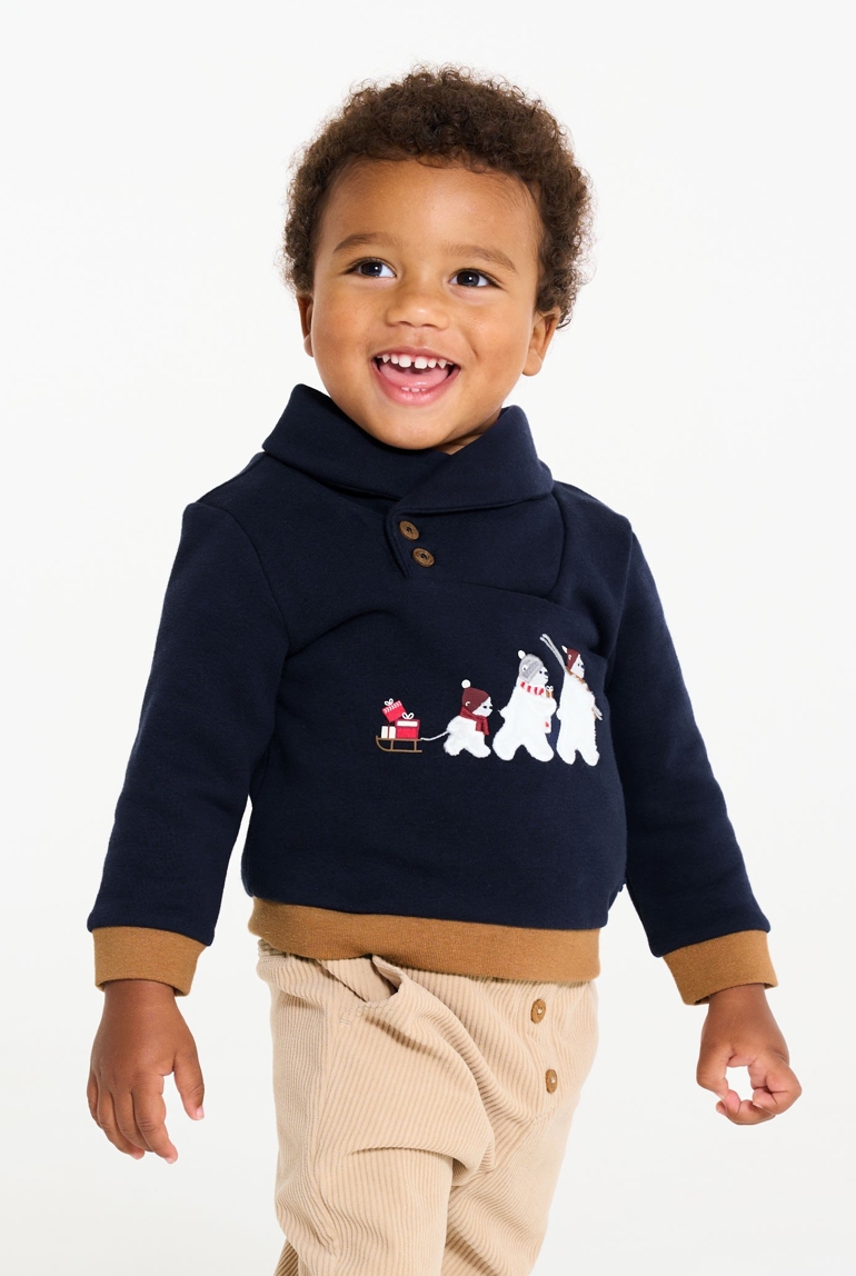 Blaues Sweatshirt aus Fleece mit Schalkragen und Bär Kleinkind Junge 1