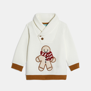 Baby boy's white gingerbread man fleece sweatshirt with shawl collar 1